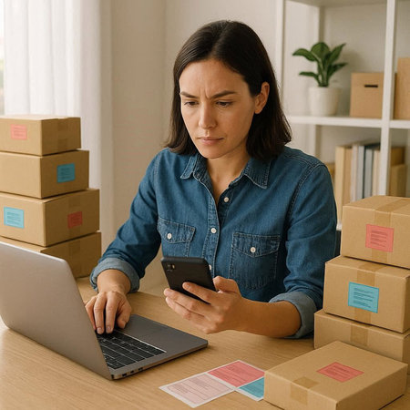 Muslim woman packing gifts for her online business. She is smiling and looking at the camera.