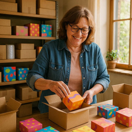 Mature woman packing gifts in boxes. She is looking at camera and smiling