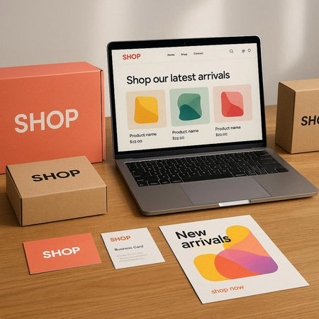 Shopping online concept with laptop and carton boxes on wooden table