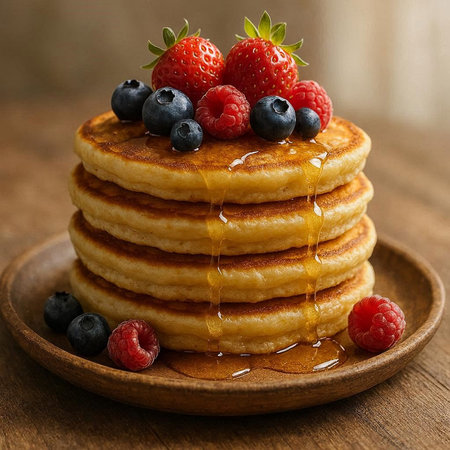 Stack of pancakes with fresh berries and maple syrup on wooden background.