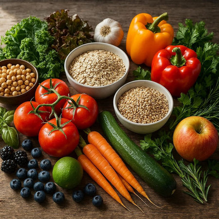Healthy food background. Vegetables, fruits and superfoods