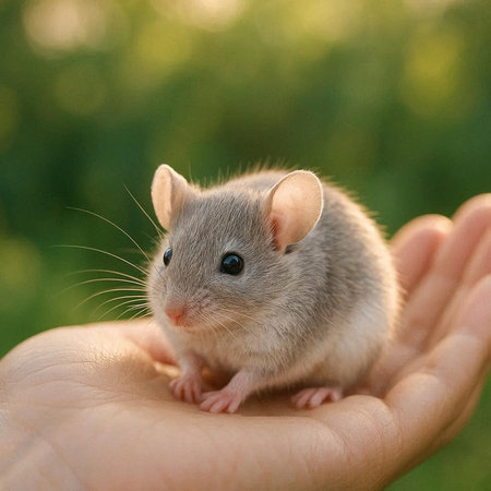 Small gray rat in the hands of a child on a green background