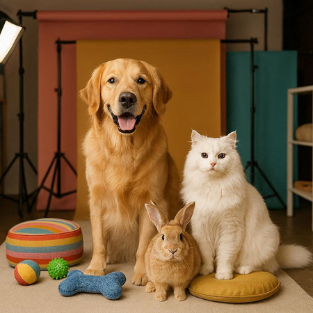 Golden Retriever, a white cat and a dog are sitting next to the toy.