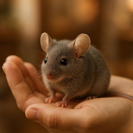 Gray rat in the hands of a child on a brown background.