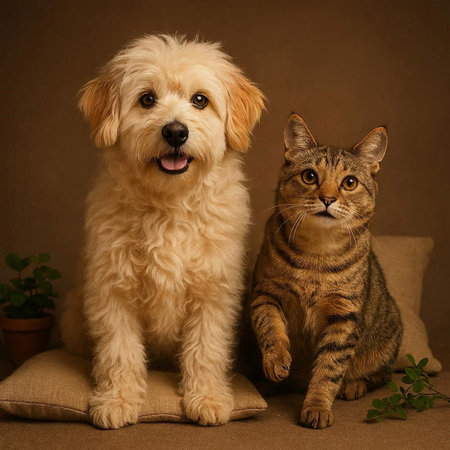 Cat and dog on a brown background. Portrait of a cat and dog.
