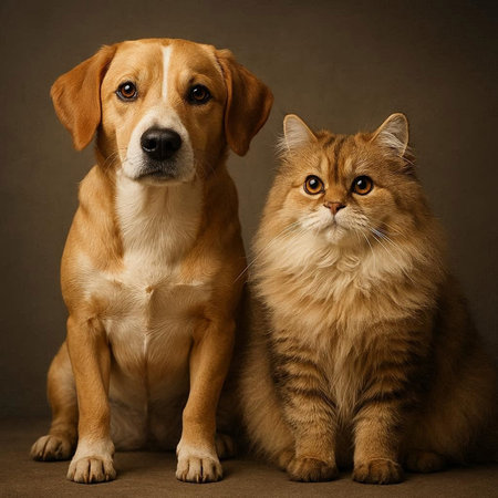 Mixed breed dog and cat sitting together on brown background. Studio shot.