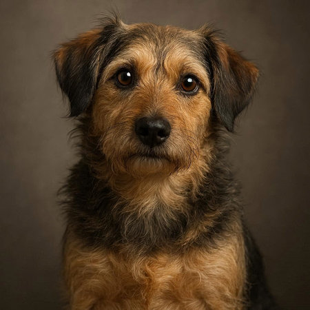 Studio shot of an adorable mixed breed dog sitting on grey background.