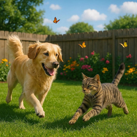 Golden Retriever and tabby cat playing together in the garden.