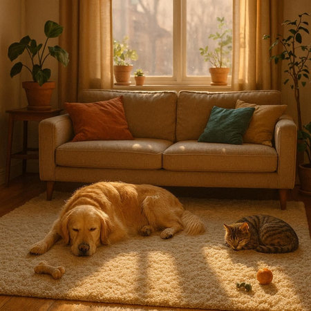 Golden retriever dog and cat on the carpet in the living room