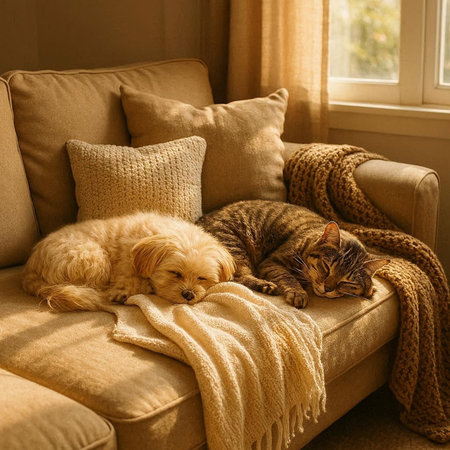 Cute dog and cat sleeping together on the sofa at home.