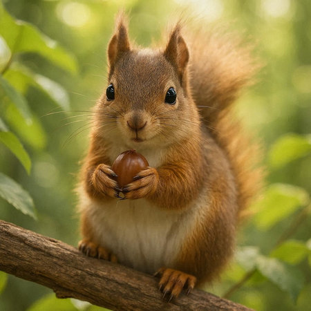 Squirrel with nut in the forest. Close-up portrait.