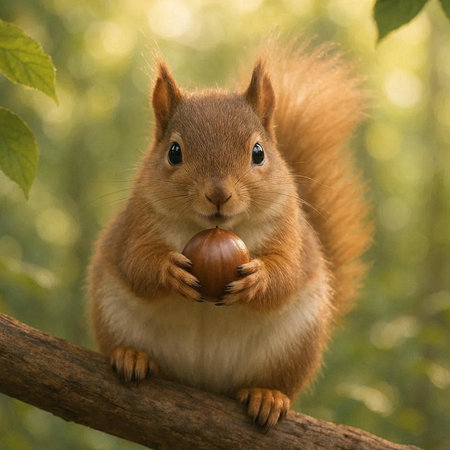 Squirrel with hazelnut on a branch in the autumn forest