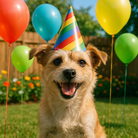 Portrait of a cute dog with a birthday hat and colorful balloons
