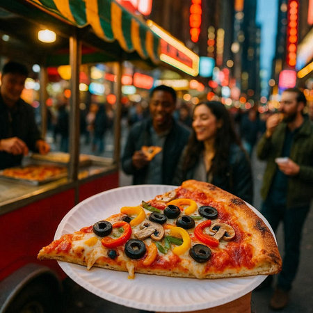 Pizza with olives and pepper on the street in New York.