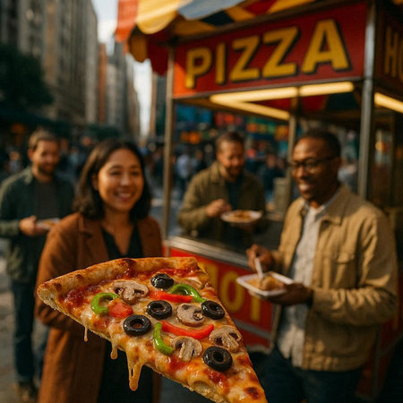 People eating pizza on the street in New York City, USA.