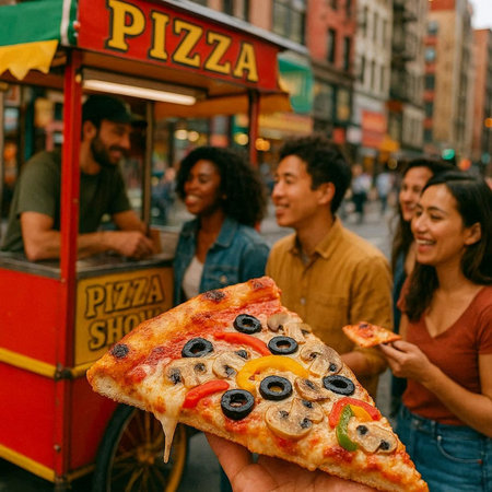 People eating pizza in New York City, United States of America.