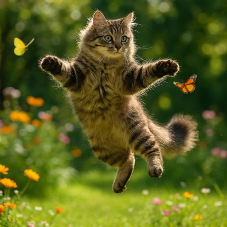 Playful tabby kitten jumping high in the garden with butterfly.