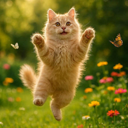 Cute ginger kitten jumping in the meadow with flowers and butterfly
