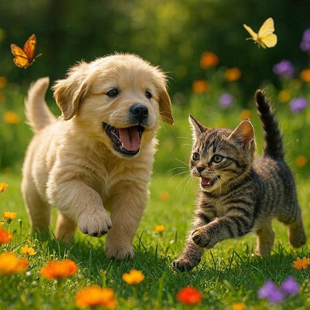 golden retriever puppy and tabby kitten playing in the garden