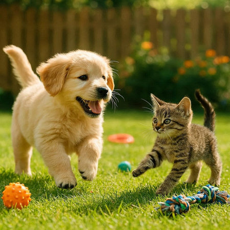 Cute Golden Retriever puppy playing with tabby kitten on green grass.