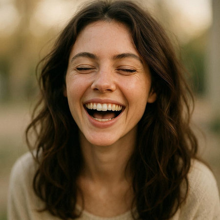 Close up portrait of a happy young woman laughing with closed eyes.