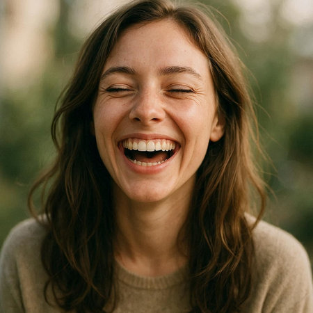 Close-up portrait of a young woman laughing and having fun outdoors.