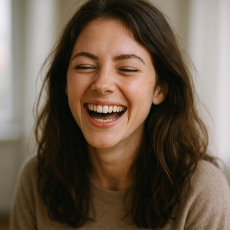 Portrait of a young woman laughing and looking at the camera.