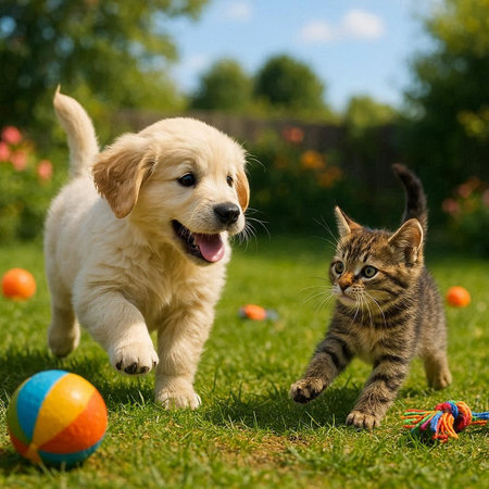 Golden Retriever puppy and kitten playing with balls on green grass