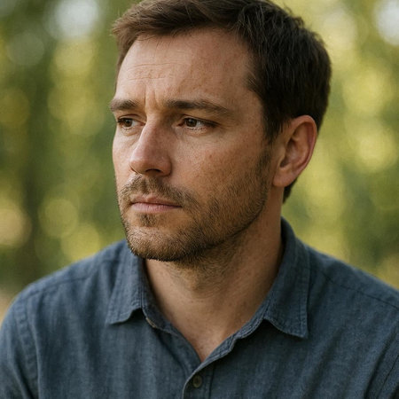 Portrait of a pensive man in a park, looking away