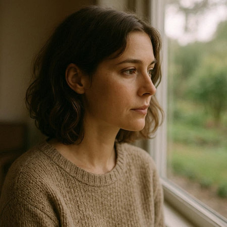 Portrait of a woman in a sweater standing near the window.