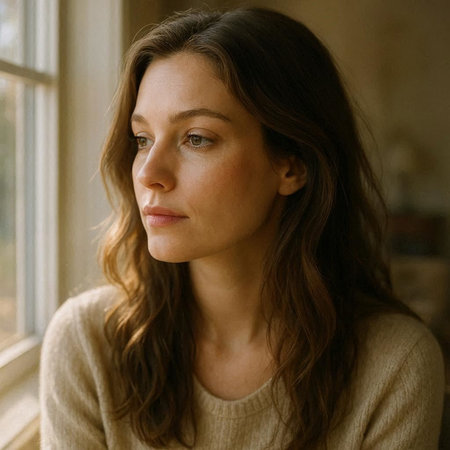 Portrait of a beautiful young woman with brown hair in a beige sweater