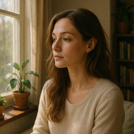 Portrait of a young woman looking out the window at home.