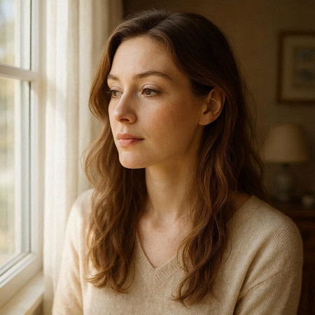 Portrait of a beautiful young woman standing near the window at home