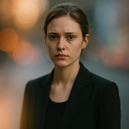 Portrait of a beautiful young woman in a black suit in the city