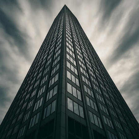 A low angle shot of a skyscraper under a cloudy sky.