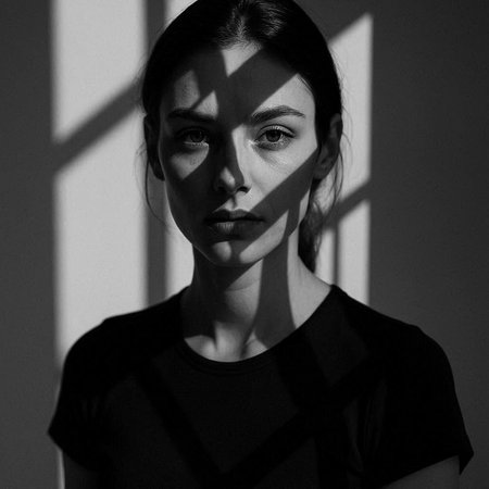 Portrait of a beautiful young woman with shadows on the wall.