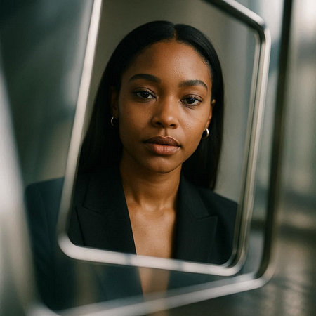 Beautiful african american woman in black suit looking in the mirror.
