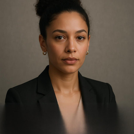 Portrait of a young beautiful African American businesswoman on gray background