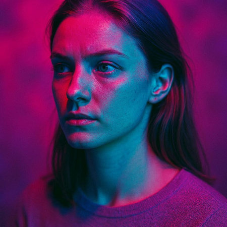 Portrait of a beautiful young woman in pink and blue neon light.