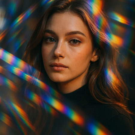 Portrait of a beautiful young woman with long hair. Rainbow effect.