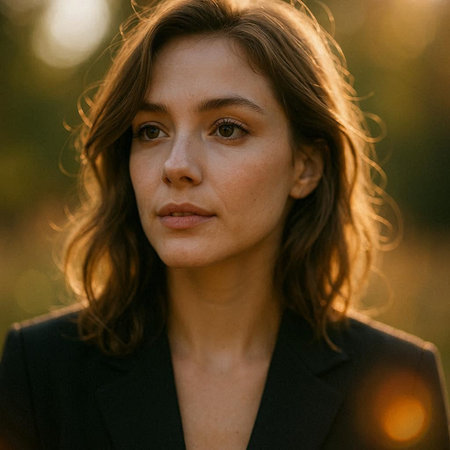 Portrait of a beautiful young woman in a black coat in the park