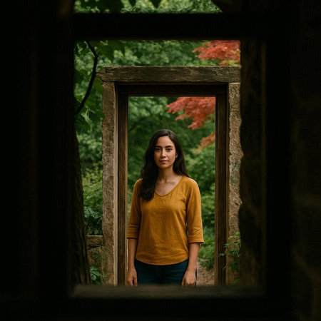 A young girl in a yellow sweater stands in the doorway of a wooden house.