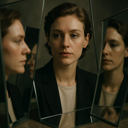 Portrait of a young woman looking at her reflection in the mirror