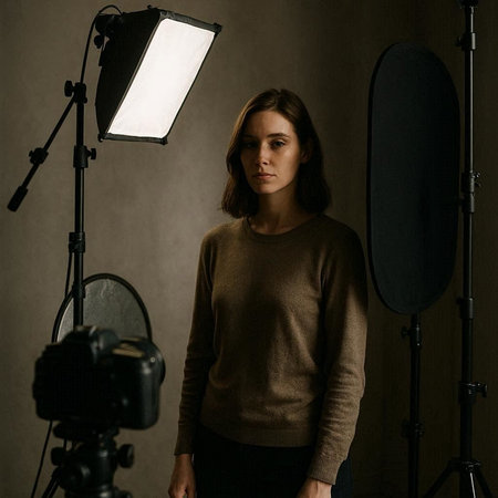 Portrait of a young woman in a photo studio looking at camera.