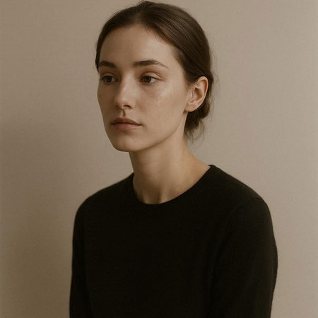 Portrait of a beautiful young brunette woman in a black sweater.の写真素材