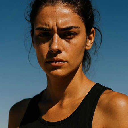 Portrait of a young beautiful woman with serious expression on her face.