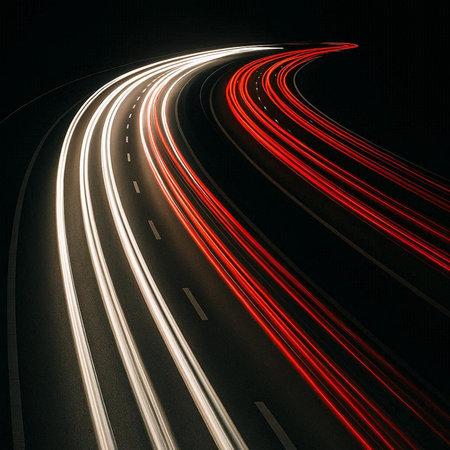 lights of moving cars at night. long exposure red, blue, green