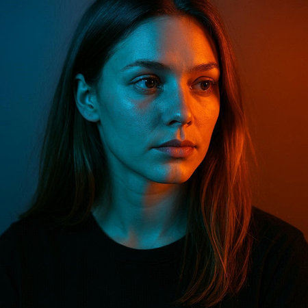 Close-up portrait of a beautiful young woman in a dark room