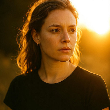 Portrait of a beautiful young woman in a black T-shirt.