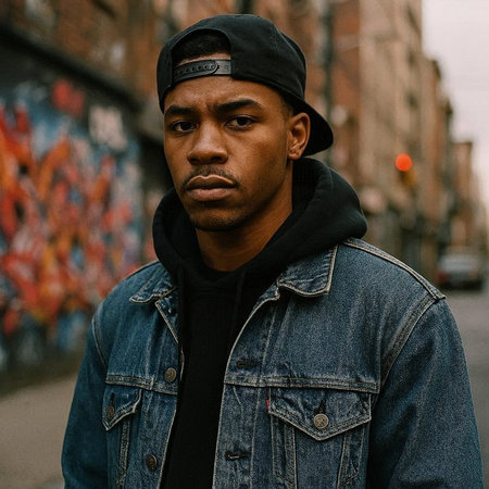 Handsome african american man in jeans jacket and cap on the street